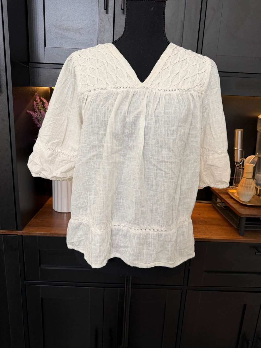 Calligraphie White V-Neck Textured Peasant Top